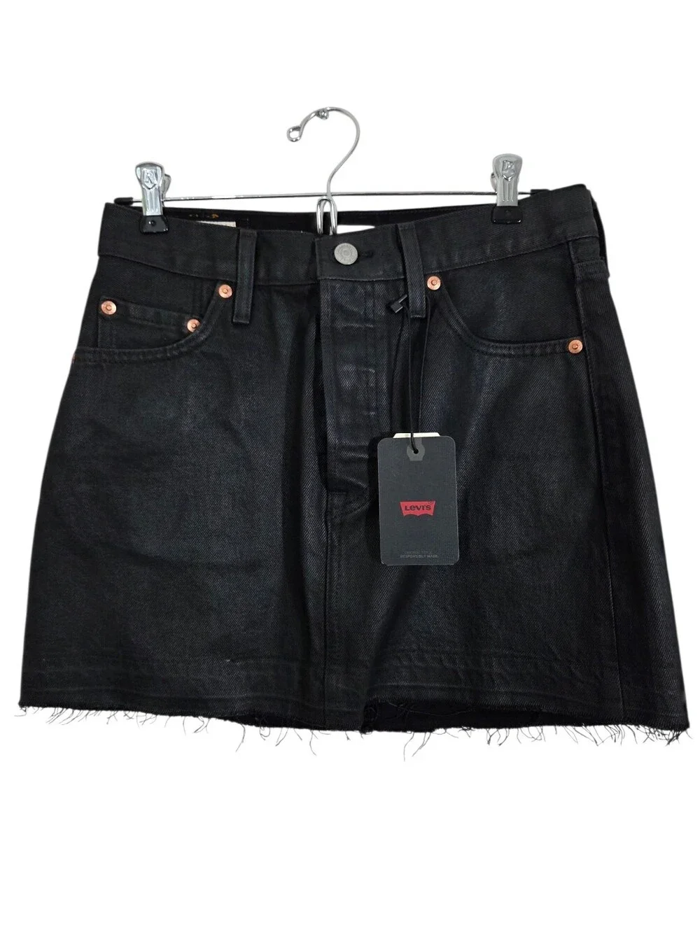 NWT Levi's Icon Skirt Black Coated Non Stretch Denim Raw Hem Moto Grunge Size 25
